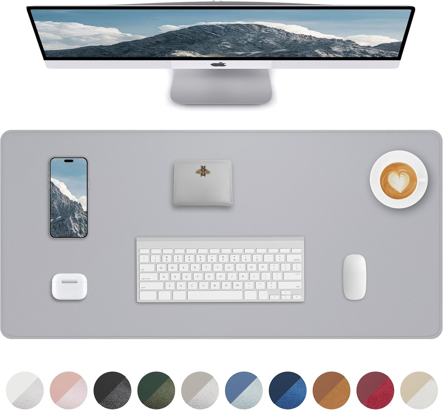 PU Leather Desk Blotter Mat, Large Mouse Pad, Non-Slip & Waterproof Desk Cover for Office and Home - Light Grey, 36" x 17"