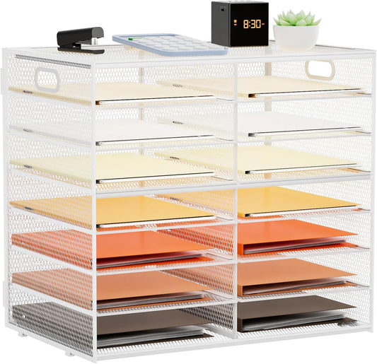 Marbrasse 8 Tier Desktop Literature Organizer, Mesh Paper Organizer Desk Organizers, File Sorter Mail Center Paper Storage Cabinet Classroom Keepers Mailbox for Office Home School, White