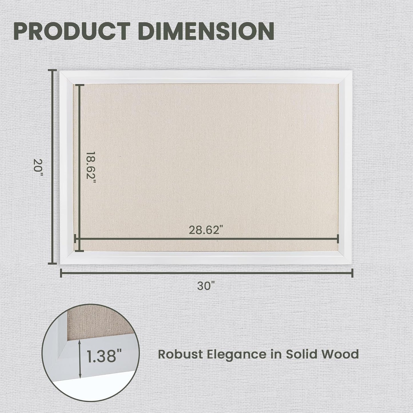 Bulletin Board Cork Board with Linen, 100% Wood Framed 30" x 20" Bulletin Board Decorations, Pin Boards for Walls, Wall Mounted Fabric Picture Board with 10 Pushpins for School, Home & Office, White