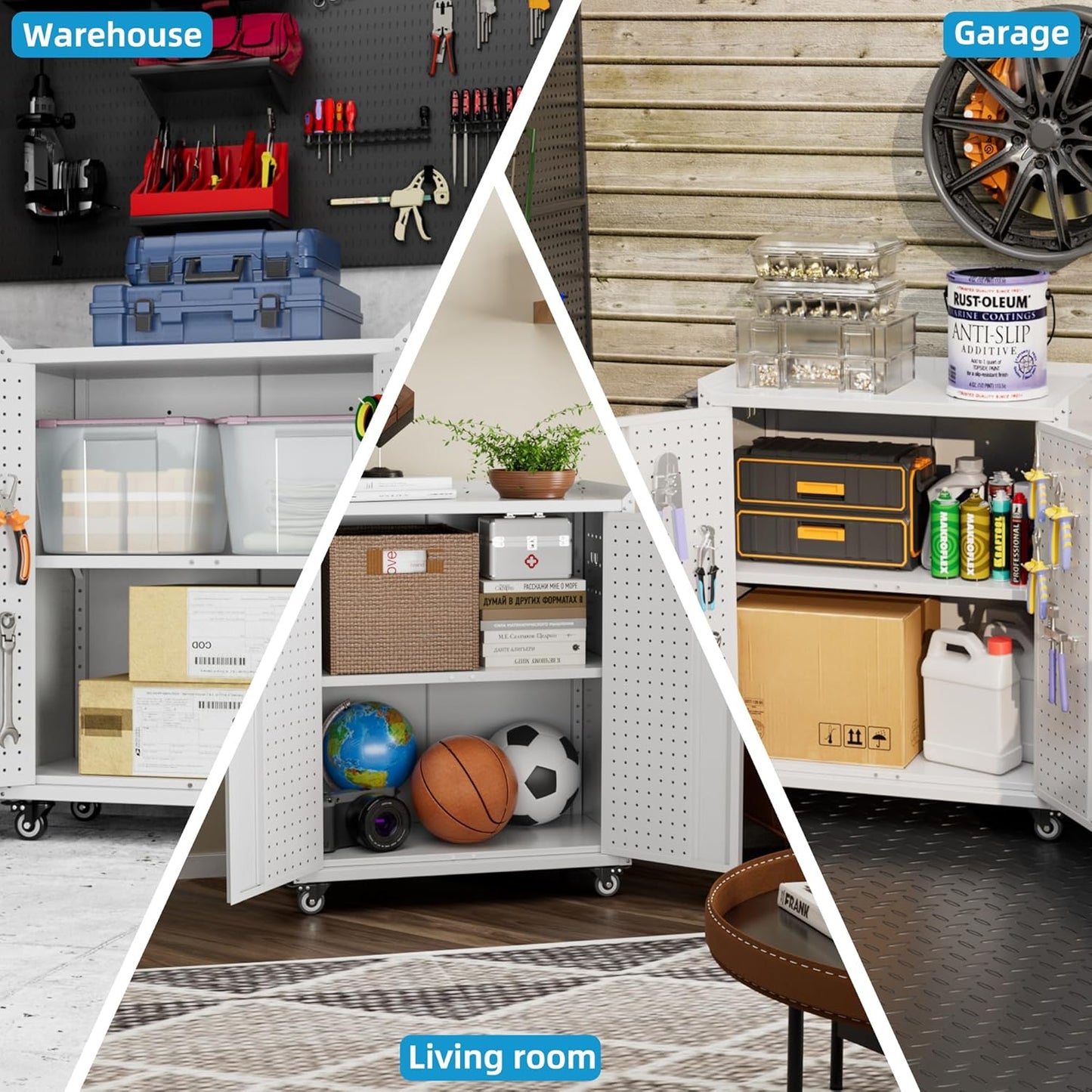 Aobabo 34.3" H Garage Storage Cabinet with Wheels,Lockable Metal Storage Cabinet with 2 Doors for Garage Home Office Storage,White,Assembly Required