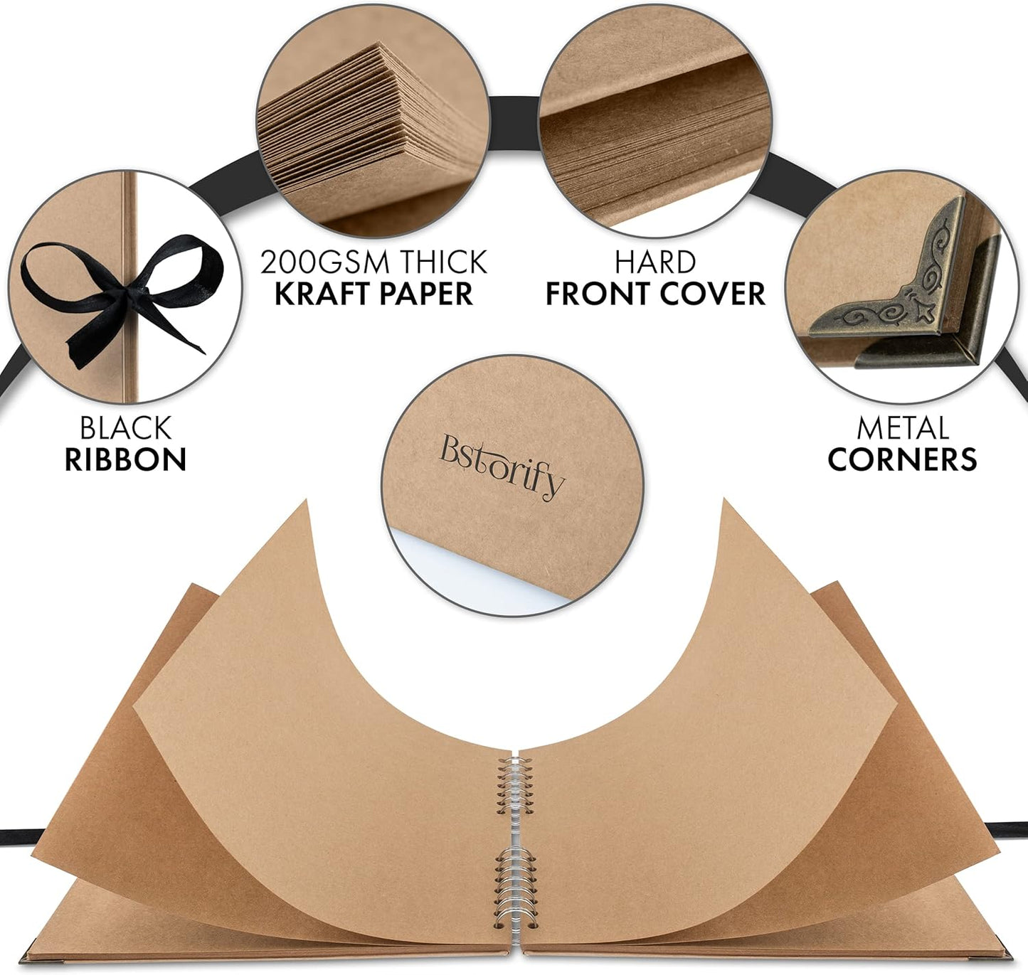 Bstorify 10 x 10 Inches Scrapbook Album For 4 x 6, 8 x 10 Pictures, 70 Pages Brown Thick 200gsm Kraft Paper Corner Protectors, Ribbon Closure - Ideal for Your Scrapbooking, Art & Craft Projects