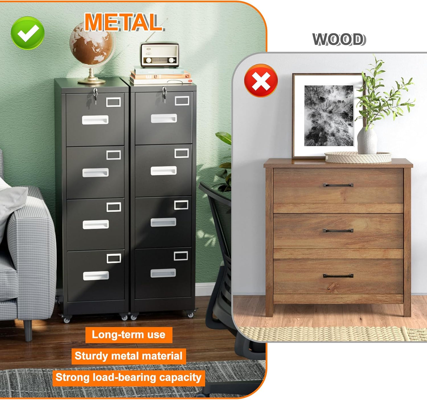 Aobabo 56" H 4 Drawer Moblie File Cabinet with Lock, Metal File Cabinet for Home Office with Wheels, Storage Legal/Letter A4 Size, Black, Assembly Required