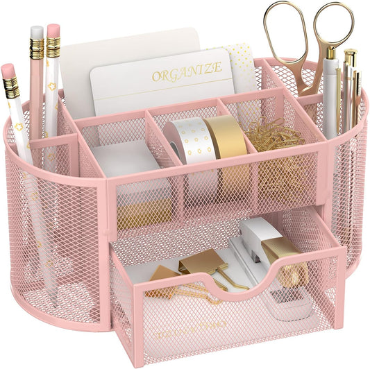 SUPEASY Mesh Desk Organizer, Desk Accessories & Workspace Organizers with Drawers, Pencil Holder for Desk with 9 Compartments for Office Suppliess, 8.6 x 4.3 x 4.1 Inch, Pink