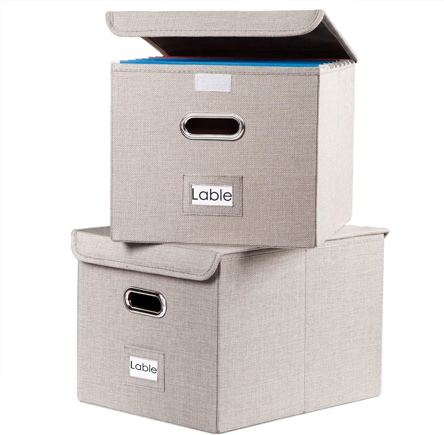PRANDOM File Organizer Box - Set of 2 Collapsible Decorative Linen Filing Storage Hanging File Folders with Lids Office Cabinet Letter Size Light Grey (15x12.2x10.75 inch)