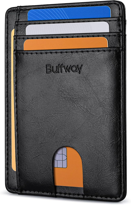 Buffway Slim Minimalist Front Pocket RFID Blocking Leather Wallets for Men and Women - Alaska Black