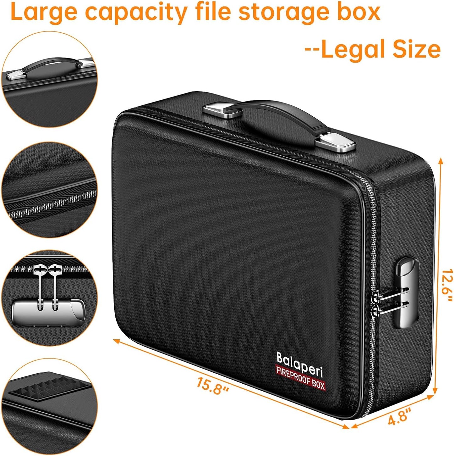 Fireproof File Organizer with Fireproof Zipper,Fireproof Document Box Hard Case with Lock,Portable Document Safe for Important Document Laptop Valuables(Black,15.8"x4.8"x12.6")