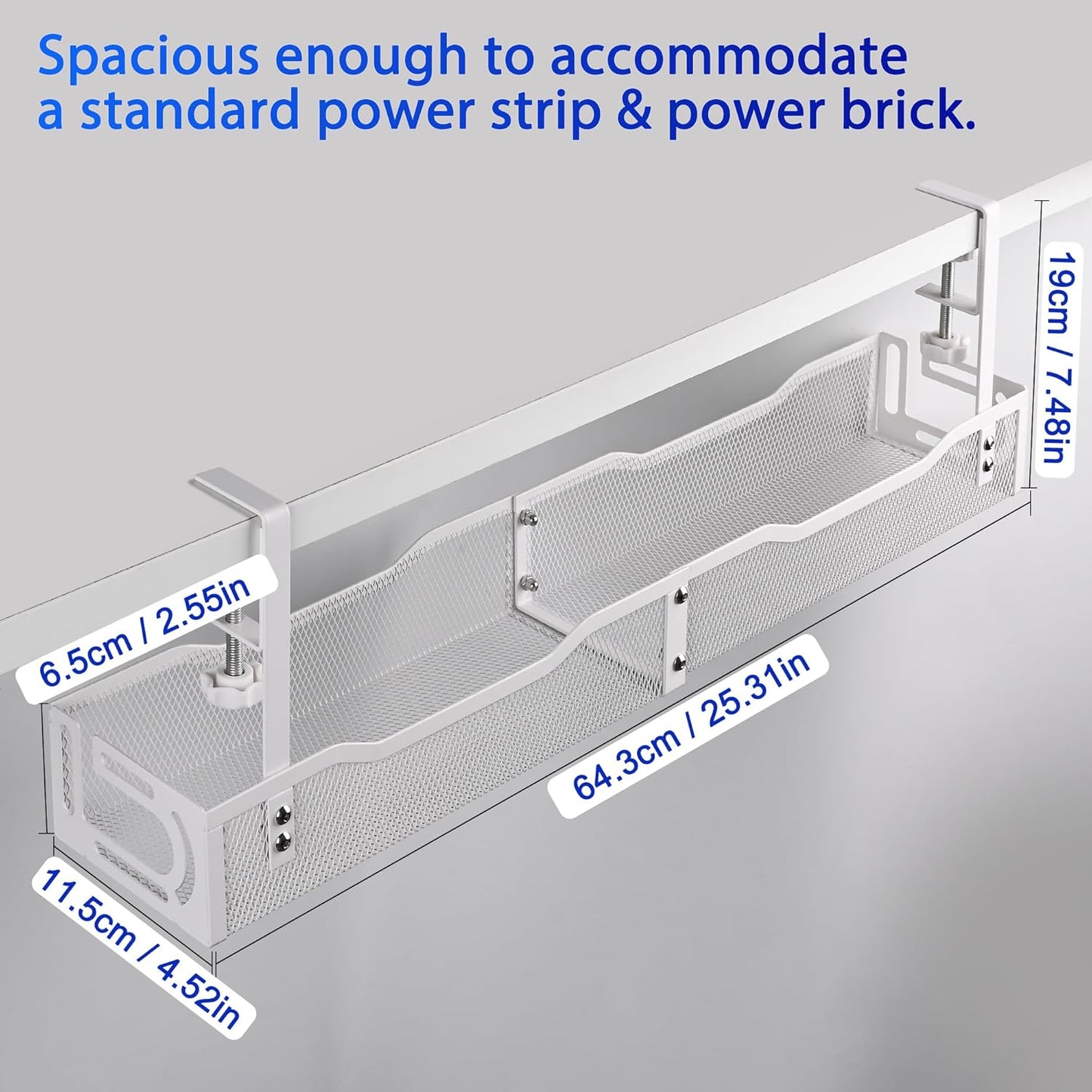 Under Desk Cable Management Tray 25.3 Inch – No Damage Install, Cord Organizer for Office & Home, Wire Organizer for Desk Storage, White