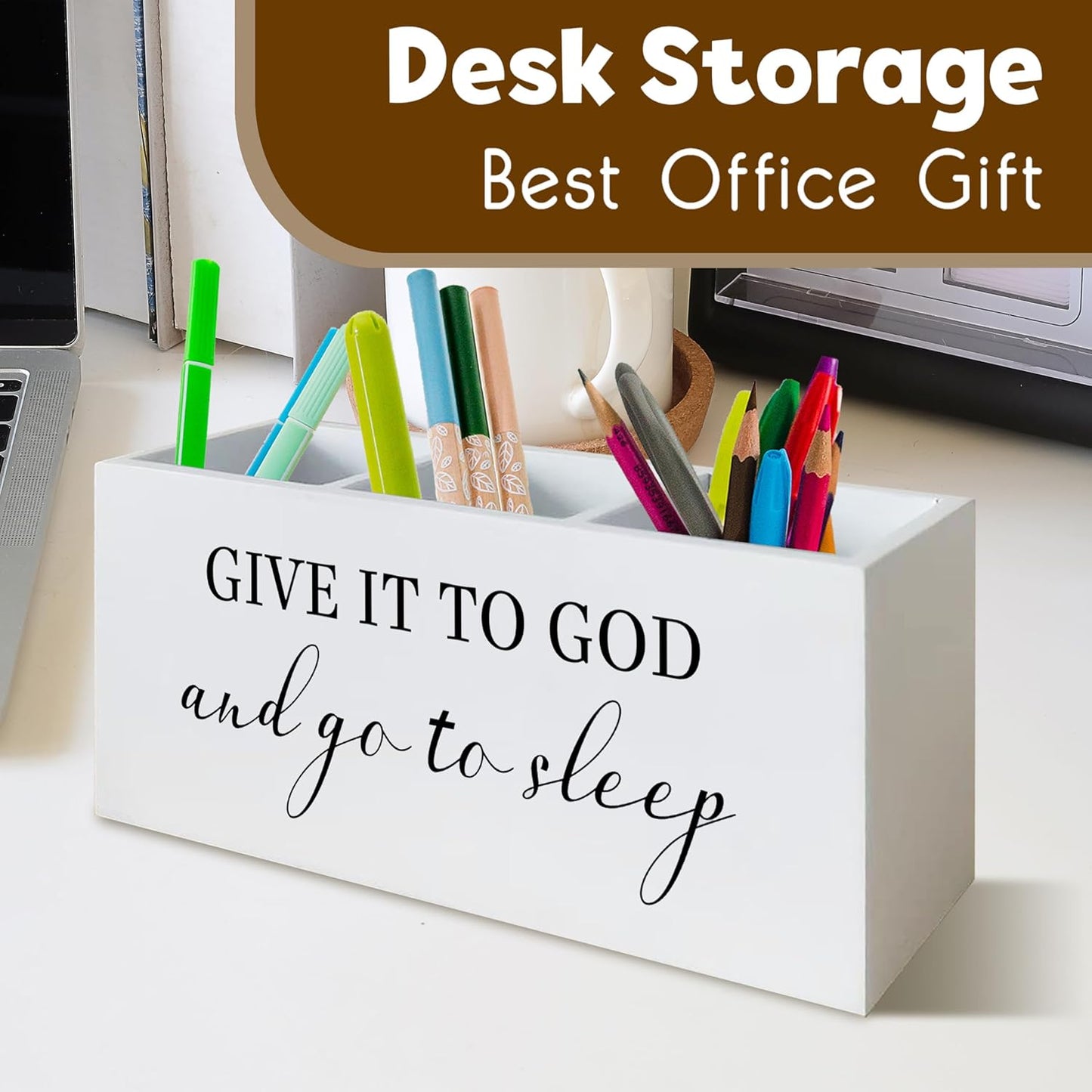 Give it To God and Go To Sleep Christian Sign Pen Holder for Bedroom Decor Desk Shelf, Prayer Sign Christian Gifts for Women Religion Decor Wooden Pencil Organizer