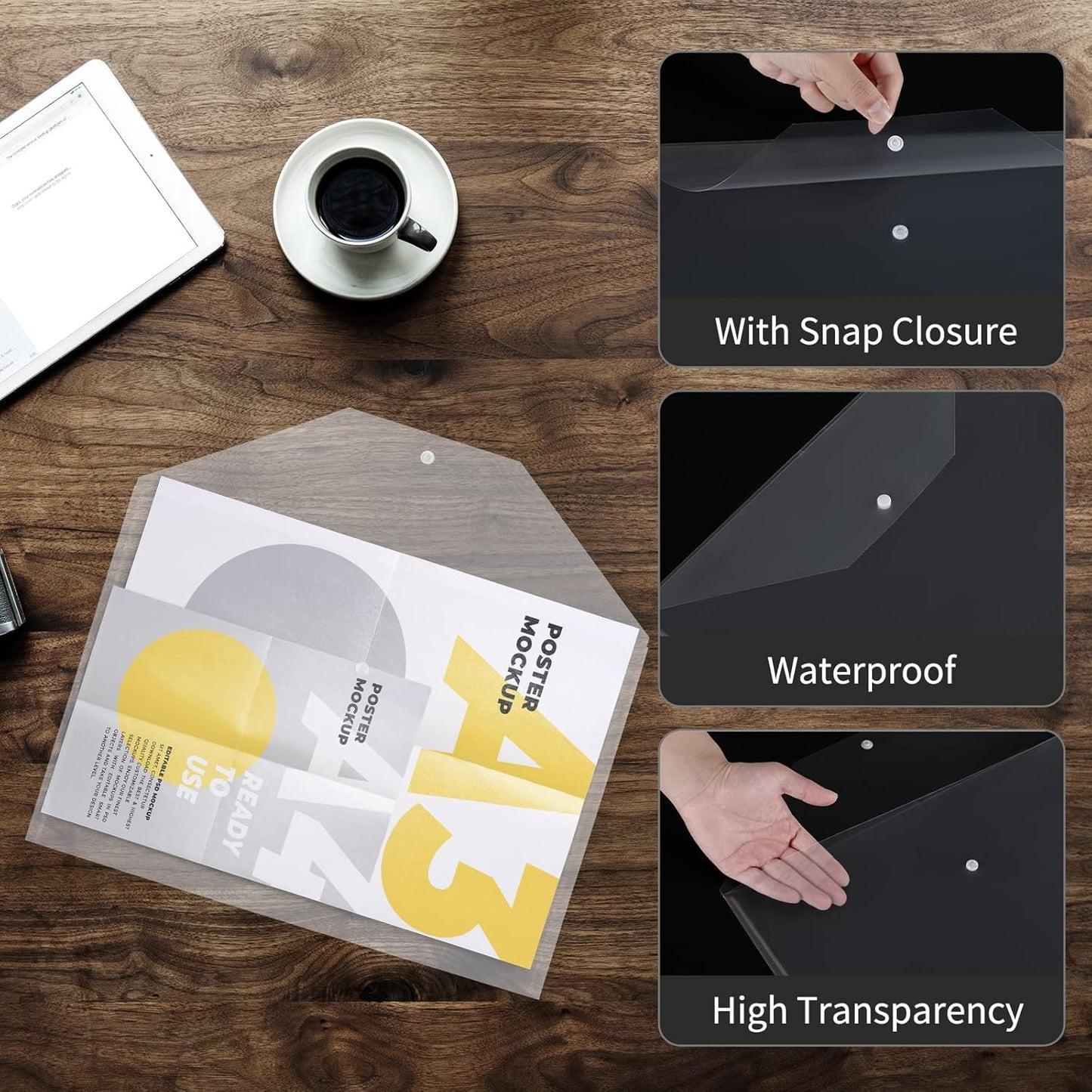 10 Pieces 11x17 inch Tabloid Size Document Folder Organizers with Snap Closure Clear Snap Closure File Folder Folder Poly Oversized Envelope File Folder Closure Plastic Folders for Office School Home