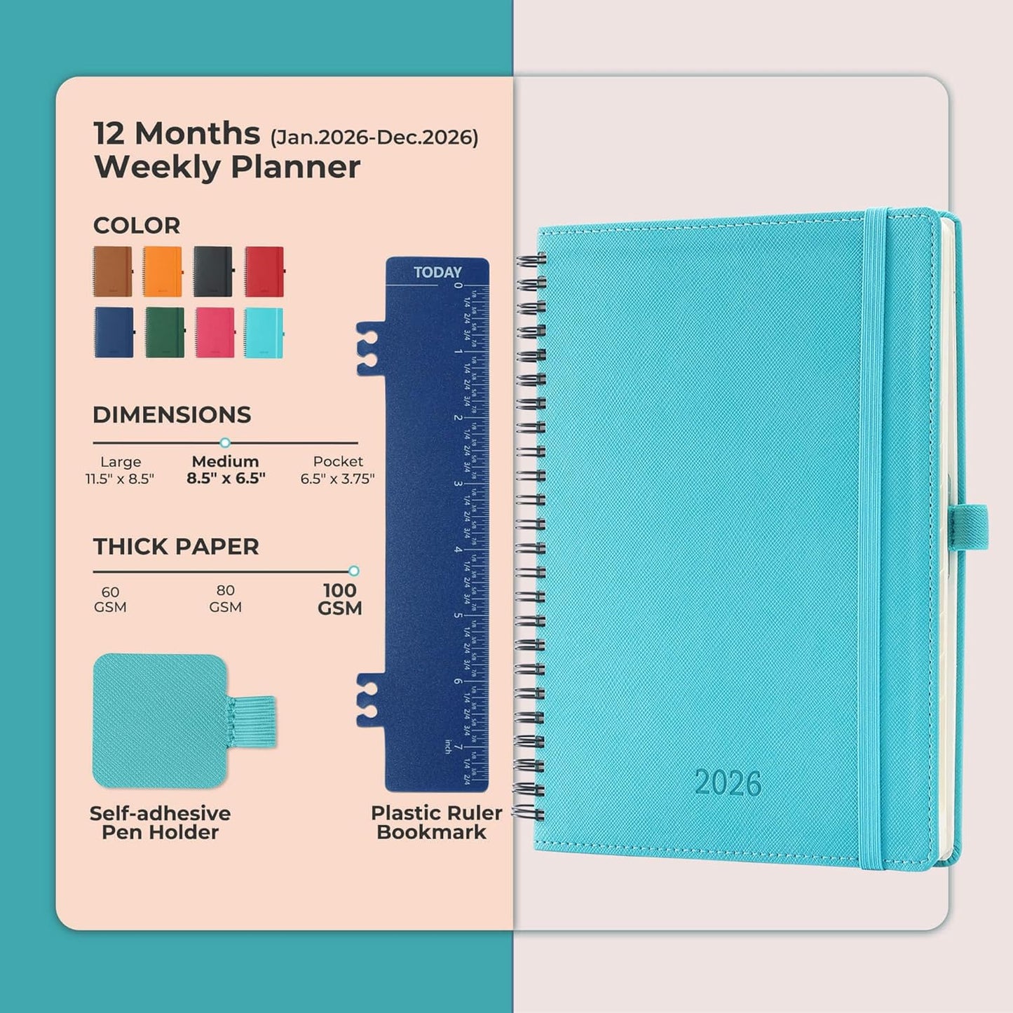Planner 2026 Daily Weekly and Monthly,8.5"x6.5",12 Months Spiral Bound Calendar Agenda with Self-adhesive Pen Holder,2026 Appointment Book with Vegan Leather Soft Cover,Light Blue