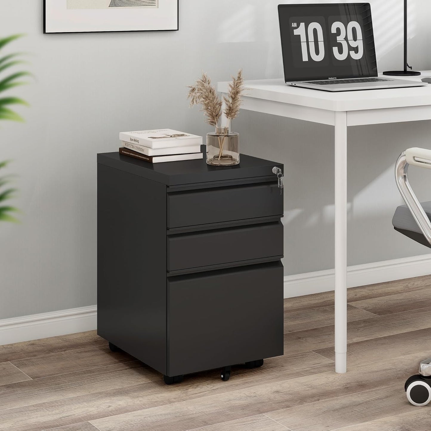 YITAHOME 3 Drawer File Cabinet with Lock, 20” Deep Office Vertical Files, Mobile Metal Filing Cabinet, Metal Vertical Filing Storage Cabinet for Letters/Legal/A4 Size，Black