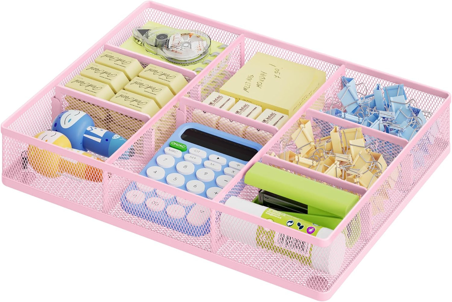 Marbrasse Pink Desk Drawer Organizer, Metal Mesh Drawer Organizer Tray with 5 Adjustable Compartments,Desk Organizers and Accessories for Home,Office,Kitchen,Makeup,Vanity (Pink)