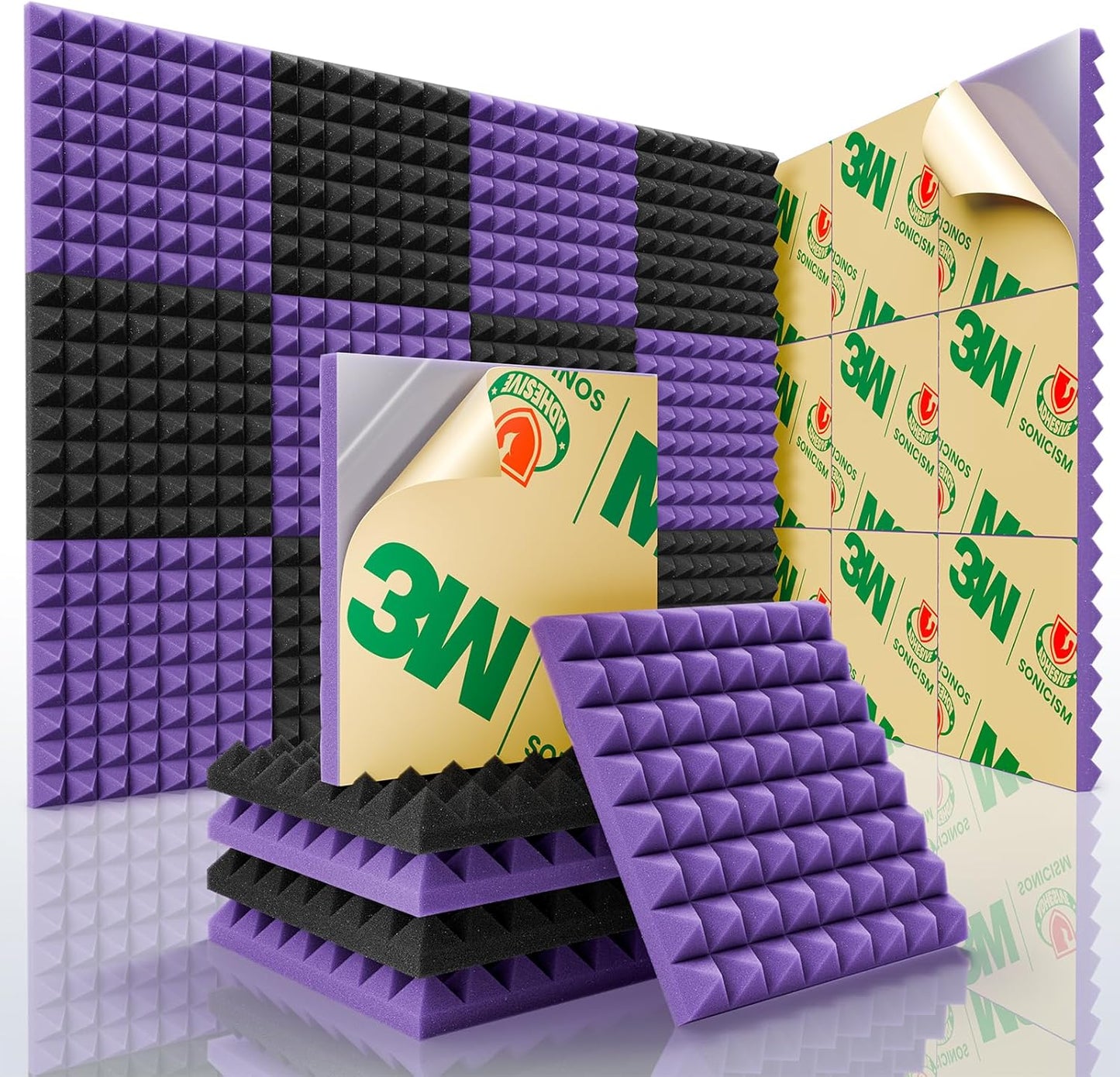 Sonicism Sound Proof Foam Panels for walls Self-Adhesive Pyramid 12 Pack 12" X 12" X 1" Acoustic Panels Fast Expand 35kg/m³High Density Soundproof Wall Panels,Sound Absorption&Decoration(Black/Purple)