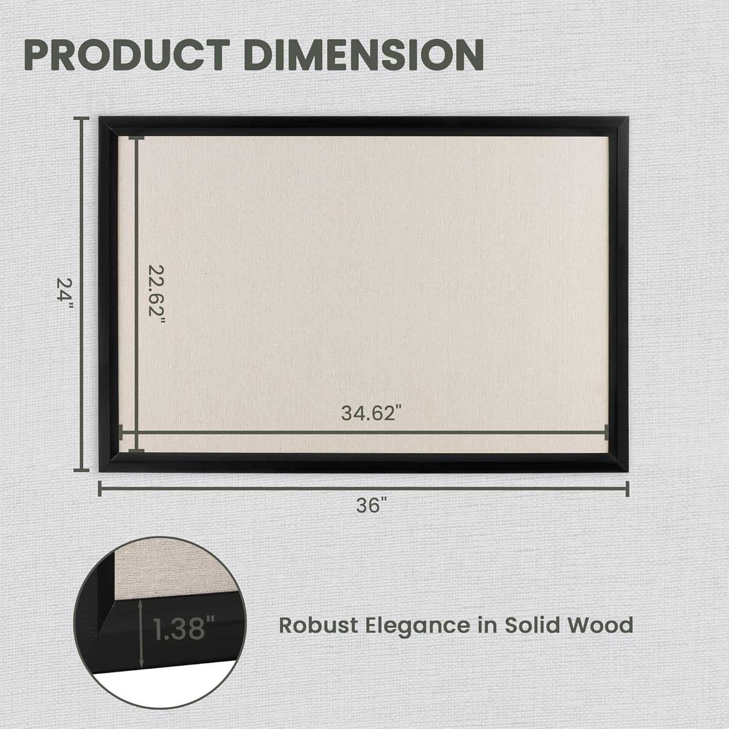 Bulletin Board Cork Board with Linen, 100% Wood Framed 24" x 36" Bulletin Board Decorations, Pin Boards for Walls, Wall Mounted Fabric Picture Board with 10 Pushpins for School, Home & Office, Black