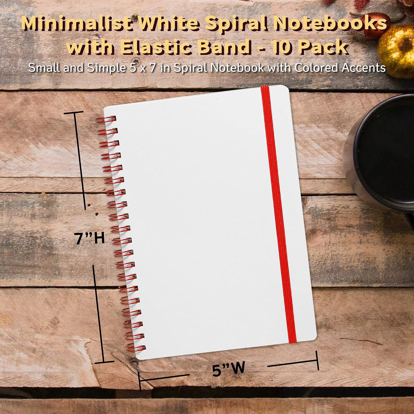 10 White Spiral Notebooks with Elastic Band Pack - 80 lined pages, Recycled - Red