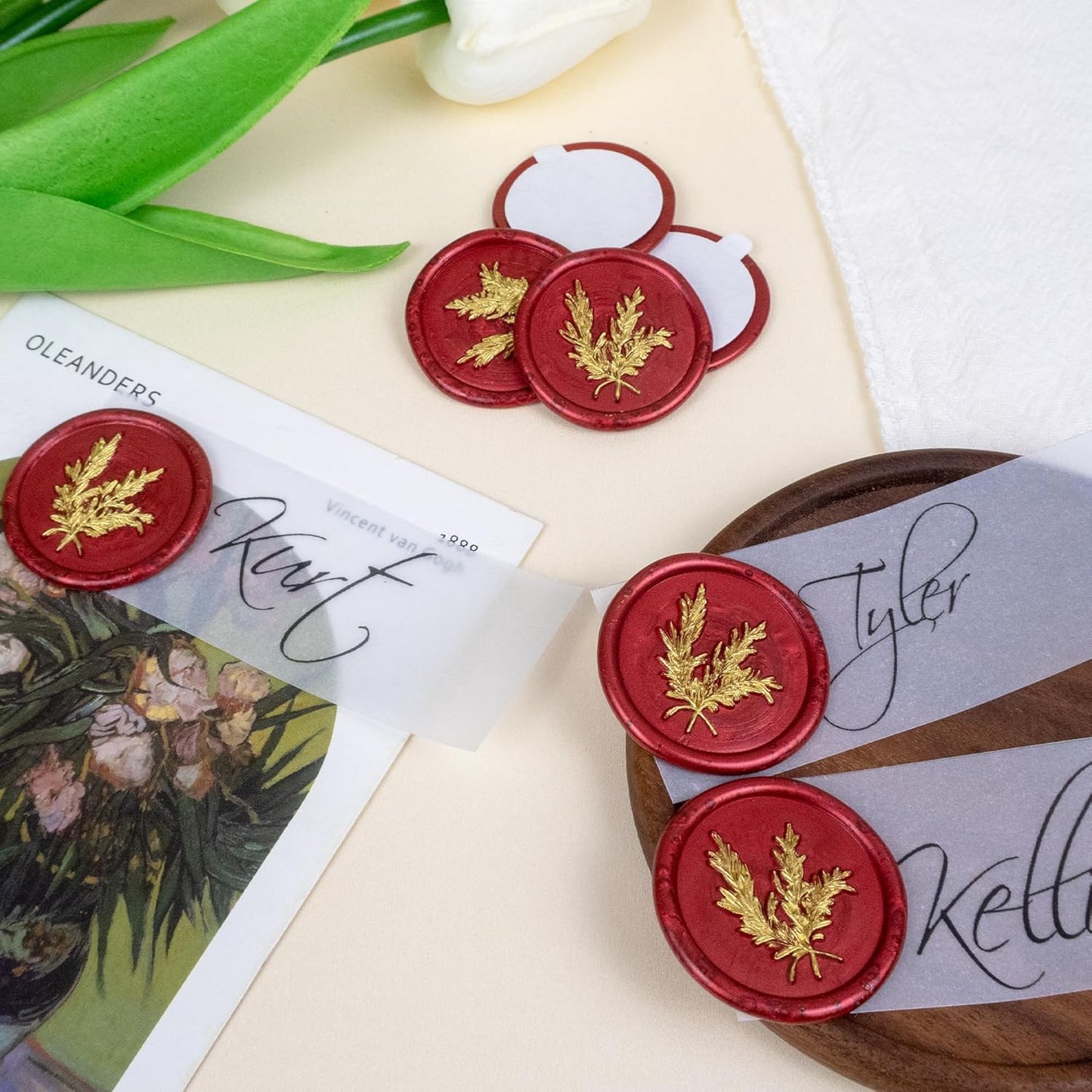 50Pcs Gold & Red Wax Seal Stickers - Handmade Envelope Seals, Self-Adhesive Wax Stickers for Wedding Party Invitations, Envelope, Gift Wrap, Christmas (Gold Rosemary Style, Red)