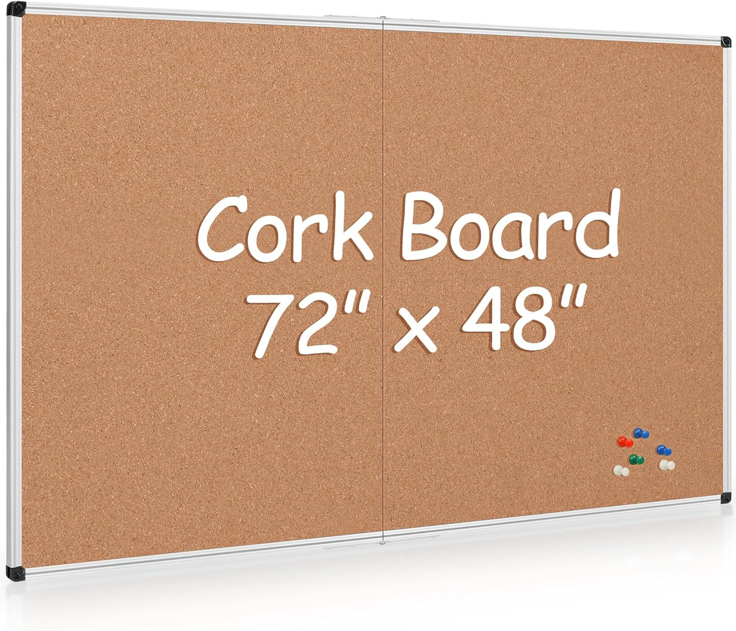 Board2by Extra Large Cork Bulletin Board 72" X 48", Foldable Notice Pin Board for Wall, Silver Aluminum Framed 6'x4' Corkboard, Wall Mounted Noticeboard with 36 Push Pins for School, Home & Office