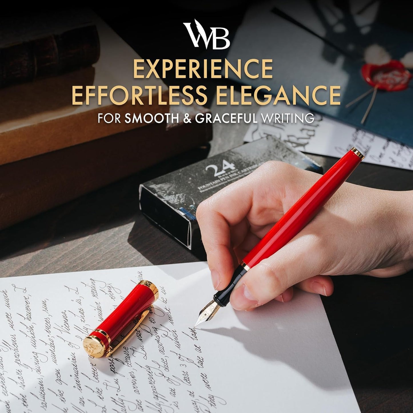 Wordsworth & Black Fountain Pen Set, Medium Nib, Includes 24 Ink Cartridges and Ink Refill Converter, Gift Case, Journaling, Calligraphy, Smooth Writing Pens [Crimson Red], Perfect for Men and Women