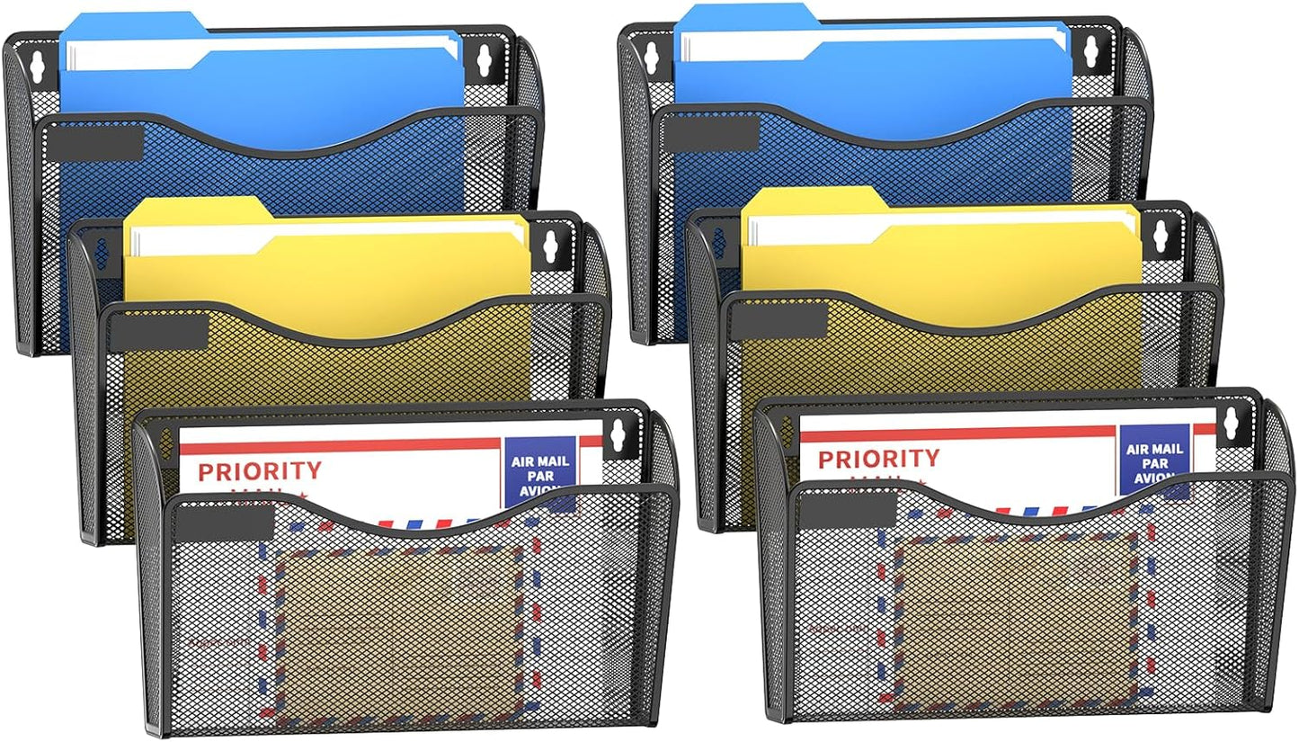 samstar 6 Pack Mesh Wall Mounted File Holder Metal Wall File Pocket Mail Organizer for Office/Home(with Label Panel)