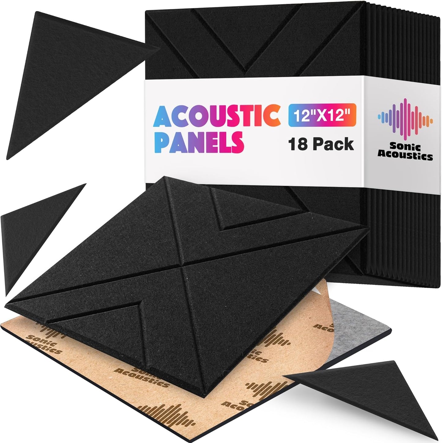 18 Pack Self-Adhesive Acoustic Panels, 12"x 12"x 0.4" Sound Absorbing Panels, High Density Square Sound Proof Noise Dampening Panels for Walls Home Studio Office, Triangle Cutting Style, Black