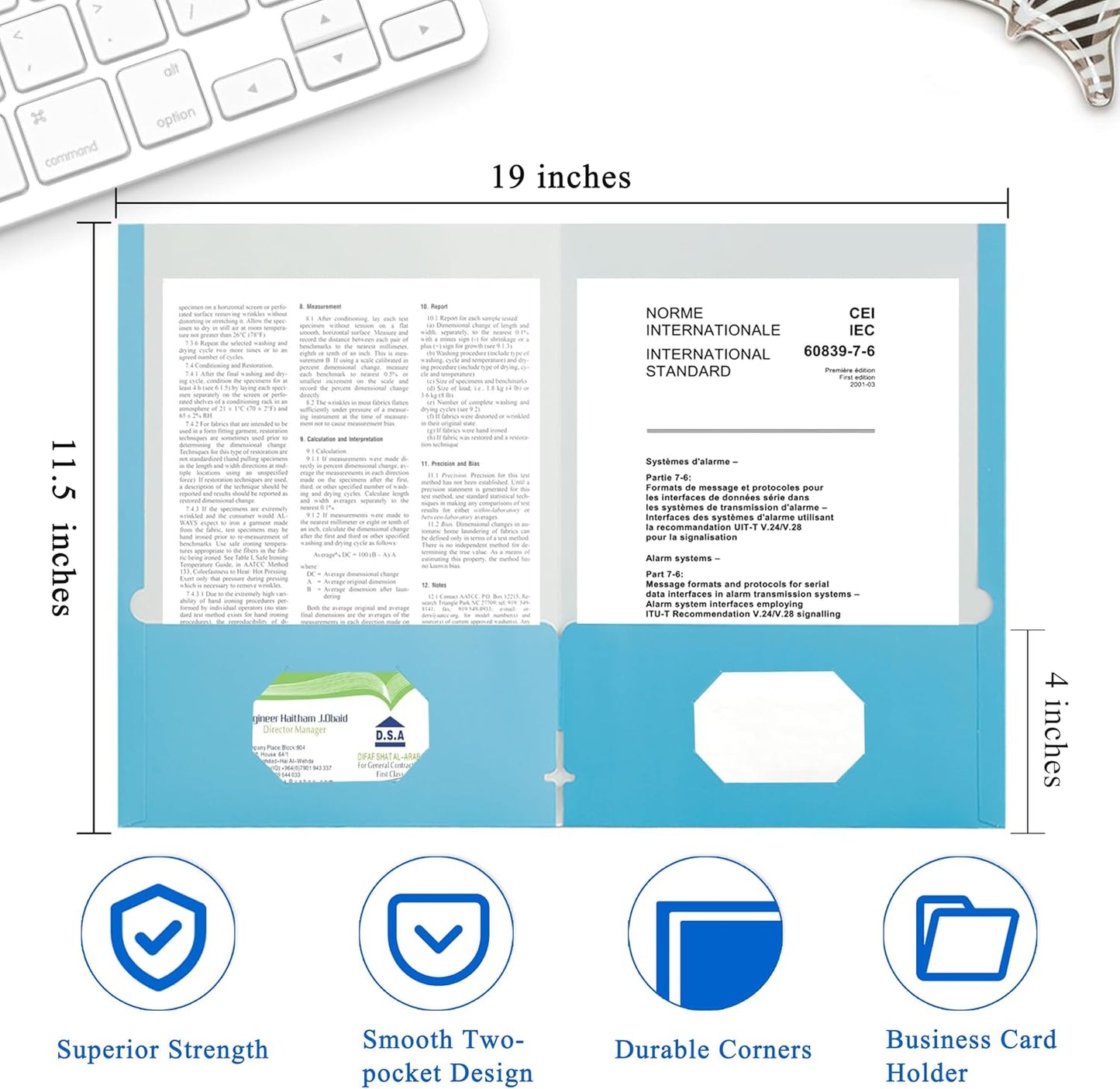 Zzrywuty File Folders with Pockets Letter Size, 50-Pack Paper Folders with Card Slot, Two Pocket Folders for School Students, Businessmen, Home and Office Workers（Light Blue）