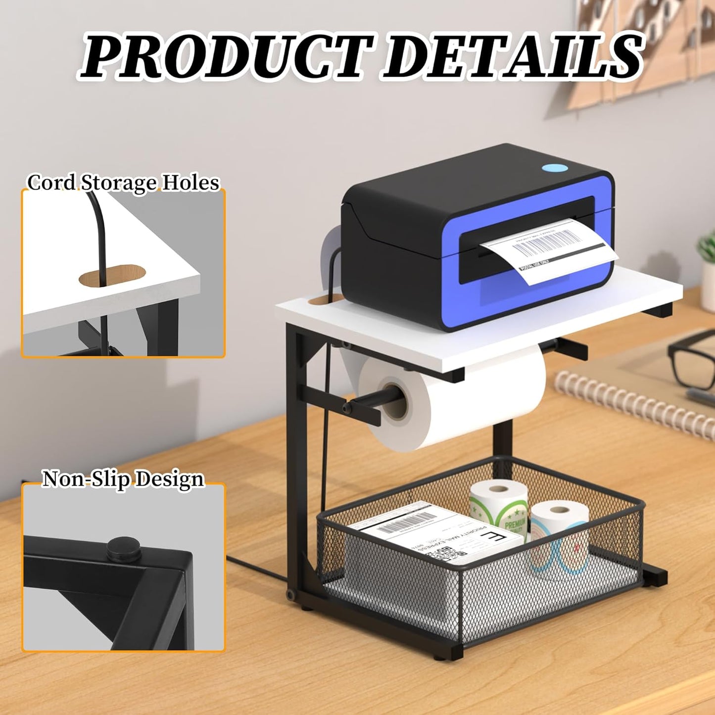 Label Holder for Rolls and Fan-Fold Labels, White Shipping Thermal Label Holder with Drawer for Desktop Thermal Printer, Sticker Roll Holder, Printer Accessory Supplies for Home, Office Small Business