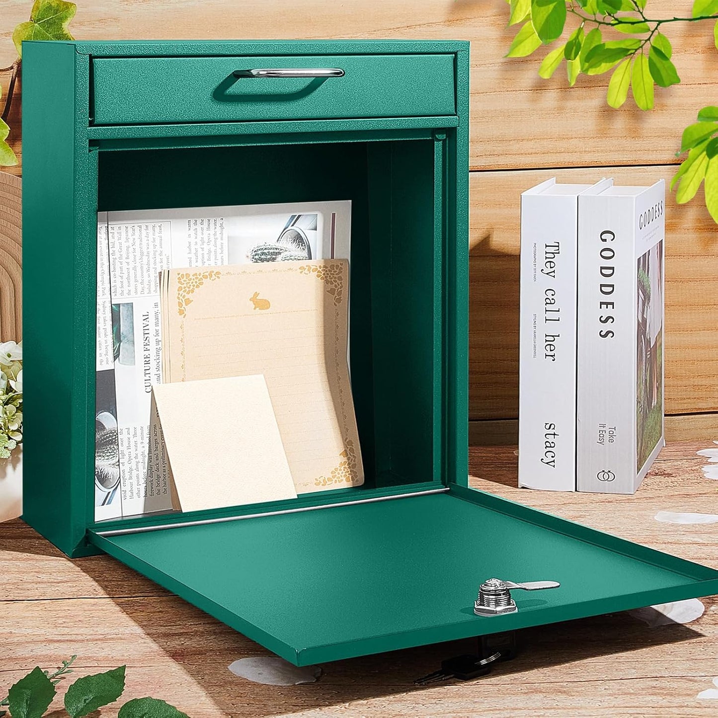 Locking Mailbox with Key for Outdoor 12 x 10.5 x 4.7 Inches Large Wall Mount Mail Box with Lock Security Mail Drop Metal Collection Boxes Hanging Secure Postbox(Green)