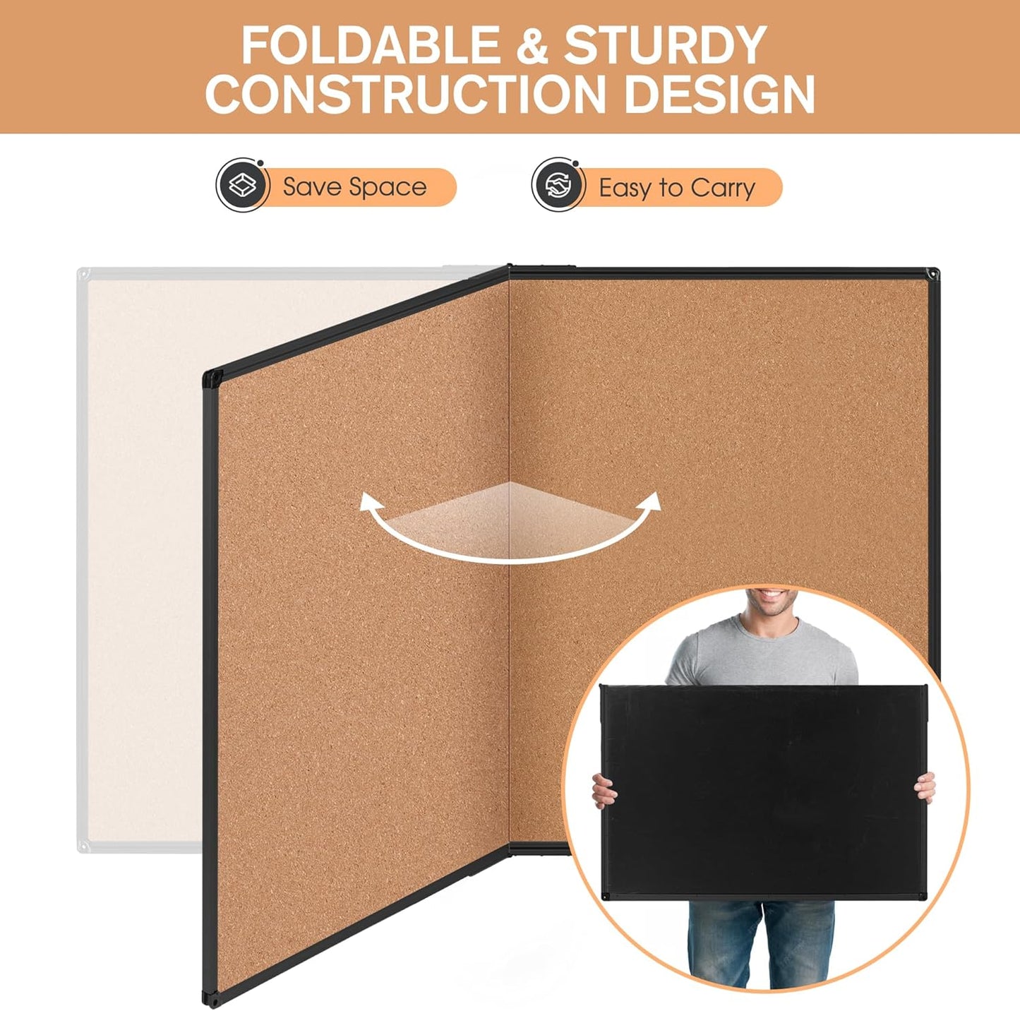 Board2by Extra Large Cork Bulletin Board 48" X 48", Foldable Notice Pin Board for Wall, Black Aluminum Framed 4'x4' Corkboard, Wall Mounted Noticeboard with 36 Push Pins for School, Home & Office