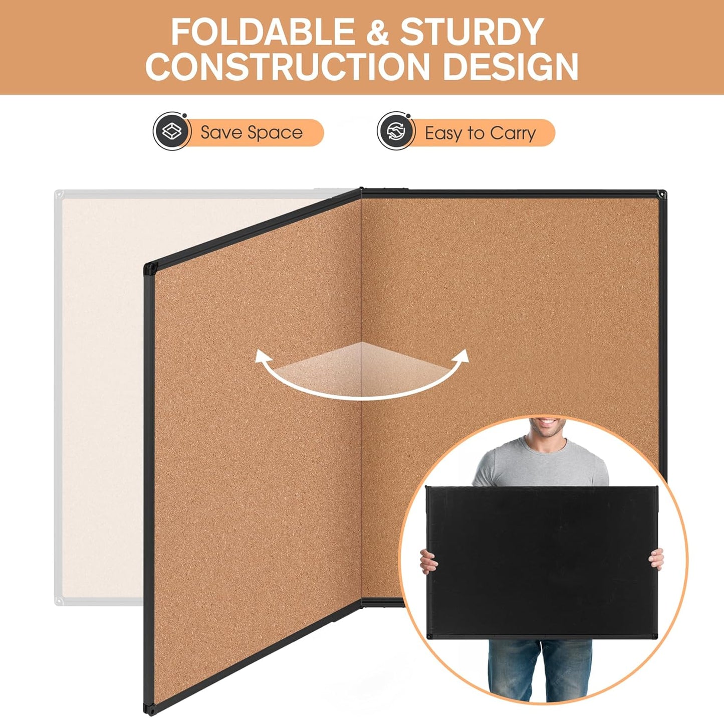 Board2by Extra Large Cork Bulletin Board 72" X 48", Foldable Notice Pin Board for Wall, Black Aluminium Framed 6'x4' Corkboard, Wall Mounted Noticeboard with 32 Push Pins for School, Home & Office