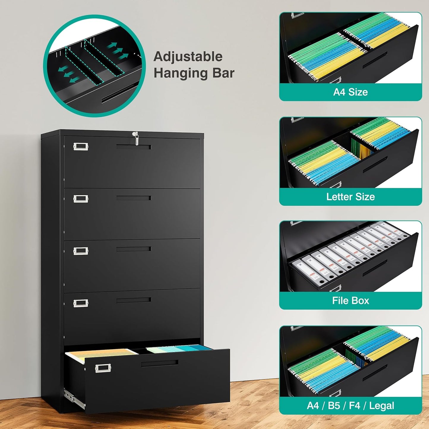 SISESOL 5 Drawer Lateral File Cabinet with Lock,Black Lateral Filing Cabinet,Horizontal Metal Filing Cabinets,Large Locked Wide Five Drawer File Cabinets for Office Home,Fit A4/F4/Letter/Legal File
