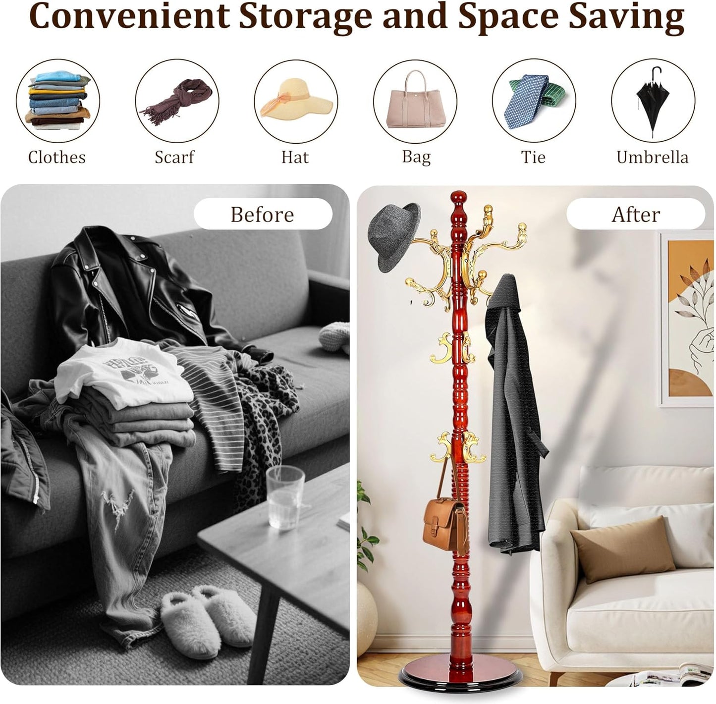 Vintage Free Standing Coat Rack with Disc Base, Solid Wood Coat Hanger Stand with 18 Hooks and 3 Adjustable Size, Standing Coat Rack Tree for Entryway, Bedroom, Hallway, Office, Apartment