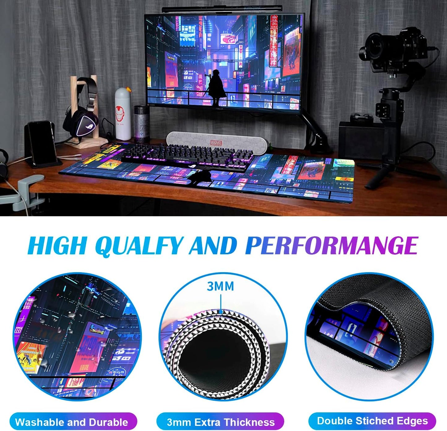 Tokyo Street Cute Large Gaming Mouse Pad, Purple Blue Anime City XXL, 35.4L x 15.7W inches, Fabric, Polyvinyl Chloride, Office Products