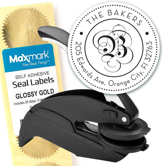 Custom Monogram Address Embosser - Personalized Round Seal with 50 Gold Seal Labels - Style EM024