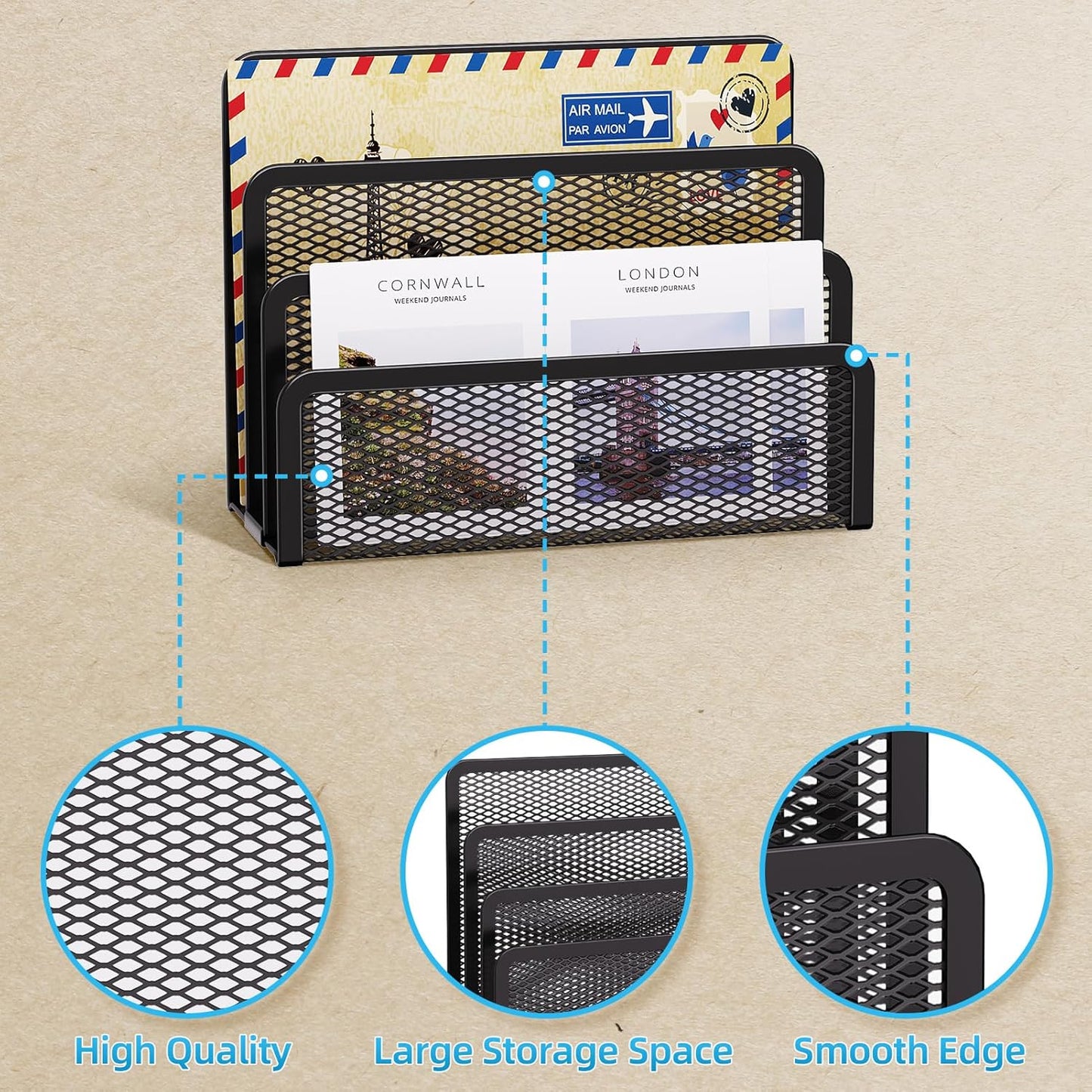 Marbrasse Mail Organizer for Desk, 3-Slot Mesh Metal Mail Holder countertop, Letter Holder, Office Desktop Envelope and Document Storage Rack (2P)