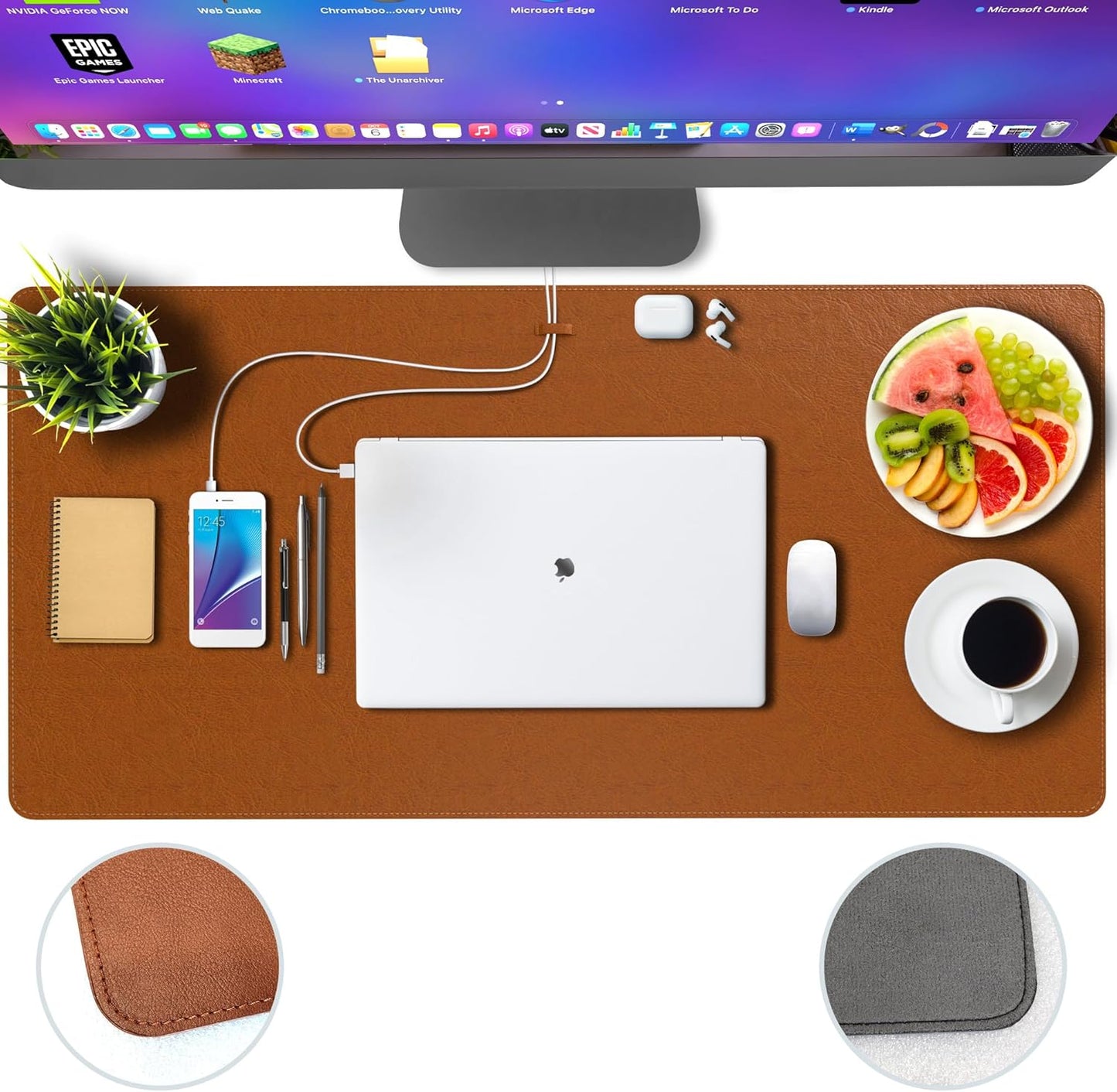 Leather Desk Pad Mat Cable Organizer, Office Desk Protection, Large Mouse Pad, Non-Slip PU Leather Desk Blotter, Computer Mats for Desktop, Waterproof (Whisky Brown, 35.0" x 16.9")