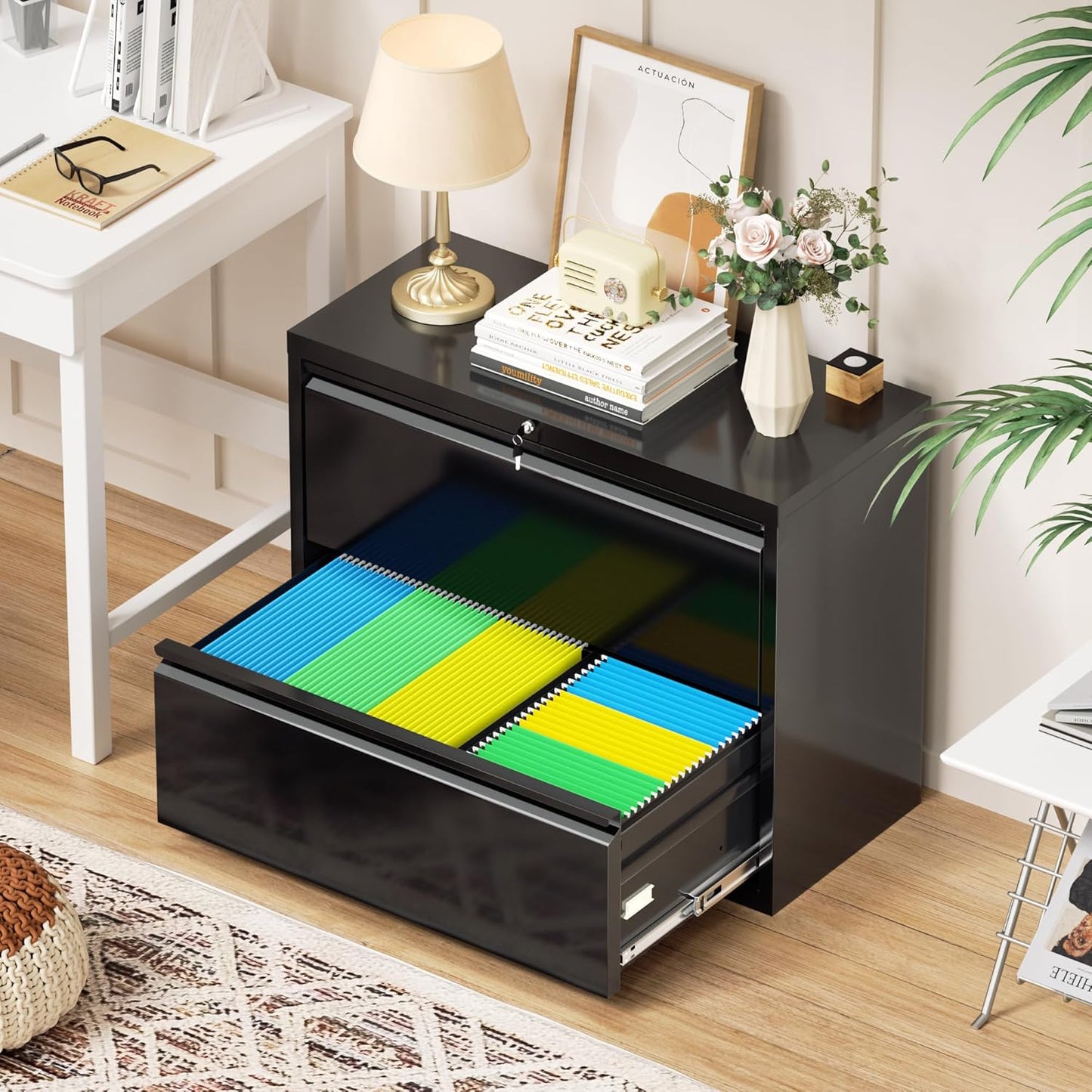 Crownland Lateral File Cabinet with 2 Drawers, 28" W Metal Lockable Office File Cabinets for Home Office- Stores Letter/Legal/A4/F4 Files(Black)