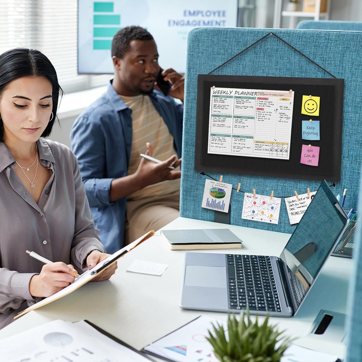 Miratino 2pcs Pin Board Bulletin Board, 16 "x11 Black Linen Cork Boards for Walls with Black Frame,Vision Board for Home Kitchen School Office Decor