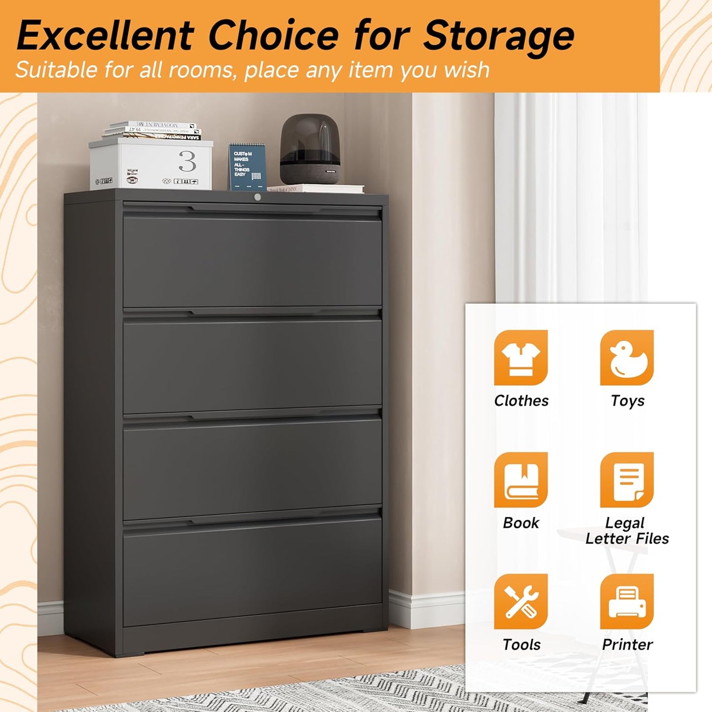 4 Drawer Lateral File Cabinet, Metal Lateral Filing Cabinet with Lock for Hanging Files Letter/Legal/F4/A4 Size, Easy Assemble Black