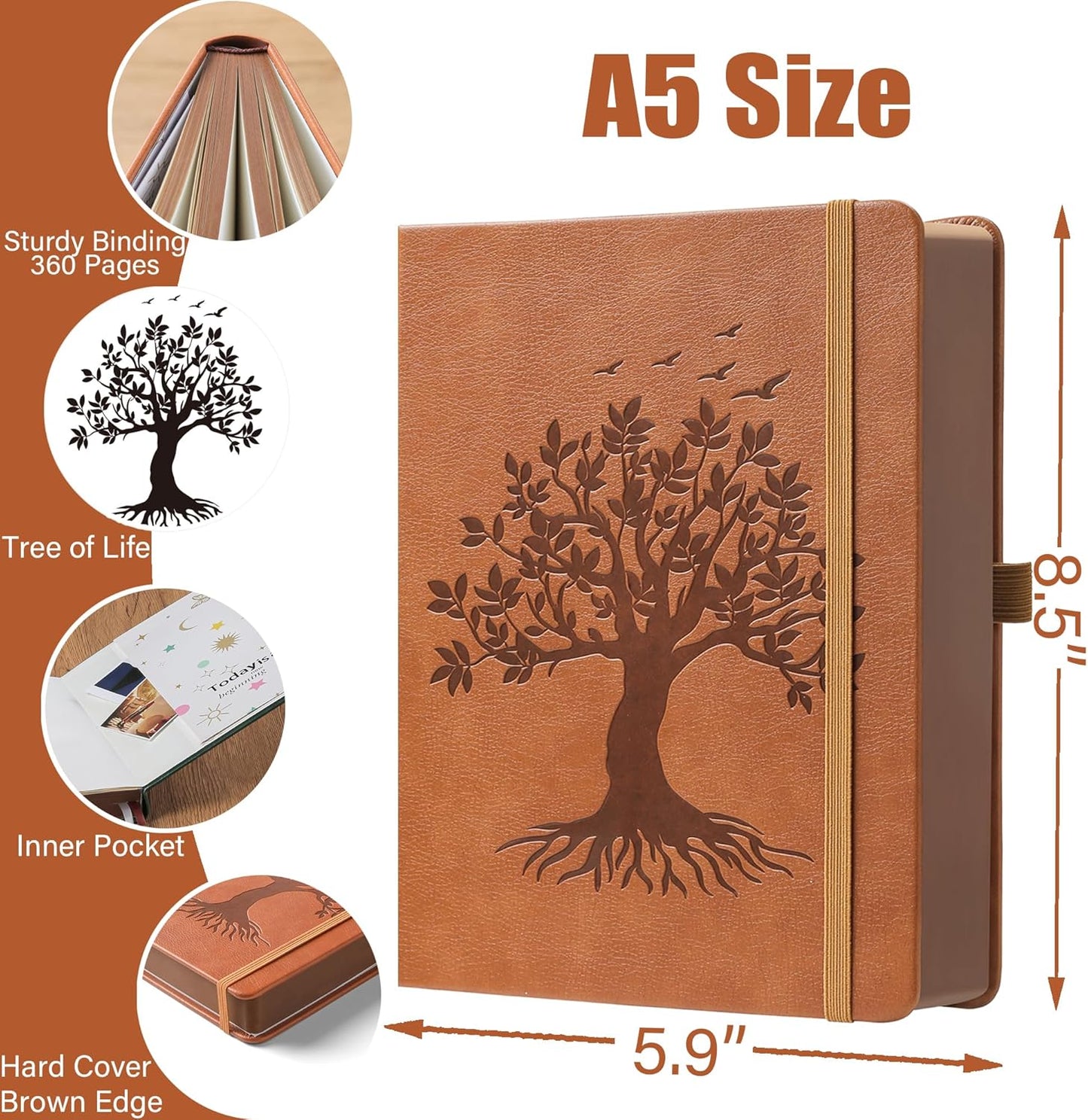 ZXHQ A5 360 Pages Lined Journaling Notebooks with Pen, Journals for Women Men Writing Notebook, Tree of Life Design, Brown Edge Fine Inner Pocket - Light Brown