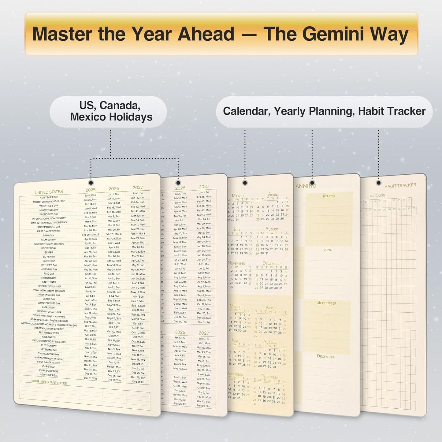Gemini Zodiac Astrology Undated Monthly Weekly Daily Planner Journal Hardcover A5 5.7" x 8.3" 160 Pages 100GSM Paper 2025 2026 2027 Holidays Calendar