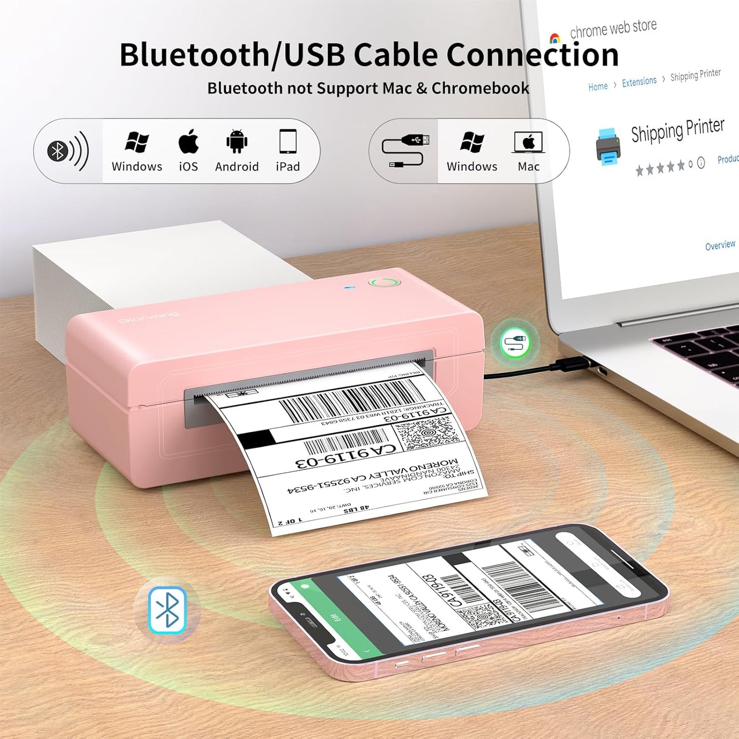 Bluetooth Thermal Shipping Label Printer, 4X6 Inkless Label Machine for iOS, Android, Laptop, Wireless Printer for Small Business, Compatible with Amazon, UPS, Shopify, Pink