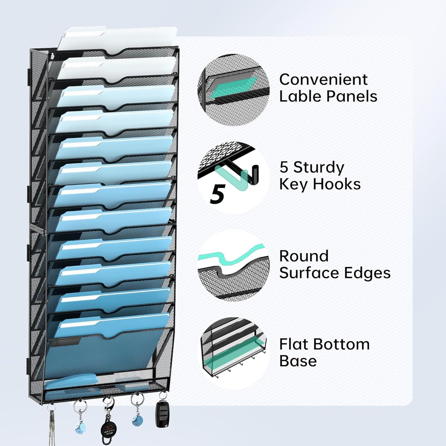 SUPEASY 13-Tier Wall File Organizer, Wall File Holder with Hooks, Mesh Hanging File Organizer, Mail Organizer Wall Mounted for Papers, Folders, Office Magazine Rack, Assembly Needed, Black