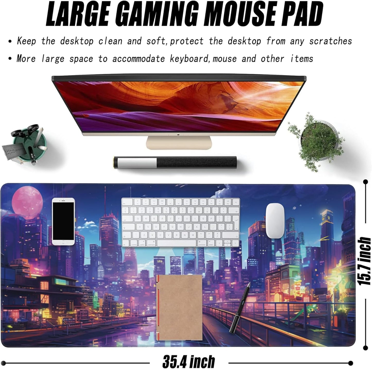 Extended Large Gaming Mouse Pad, Cyberpunk Streets Large Desk Mat for Desktop XXL, Non-Slip Rubber Base Stitched Edges Long Computer Keyboard Desk Pad Mouse Mat for Gaming Home Office 35.4"X15.7"