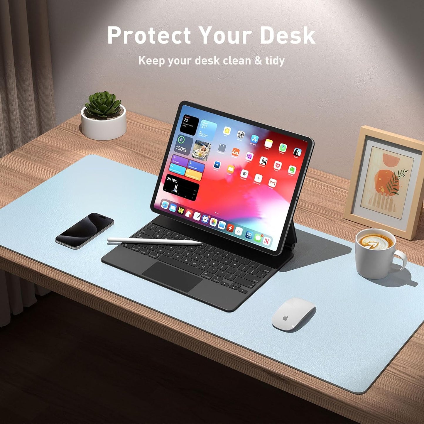 Aothia Leather Desk Pad Protector, Mouse Pad, Office Desk Mat, Non-Slip PU Leather Desk Blotter, Laptop Desk Pad, Waterproof Desk Writing Pad for Office and Home (31.5" x 15.7",Baby Blue)