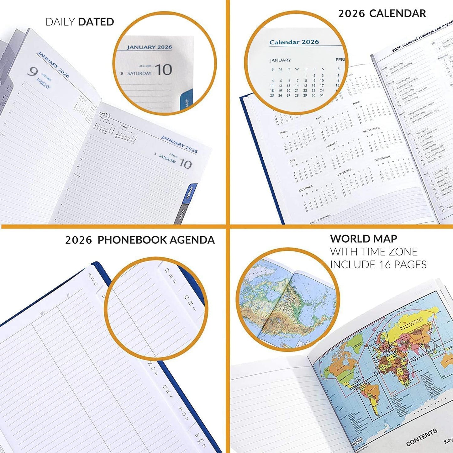 Daily Planner 2026 (5 x 7 in) - Made in Italy, Page a Day Hourly Agenda, 365 Pages, Monthly Tabs & Calendar, Jan-Dec Business Planner, Hardcover (BLUE)