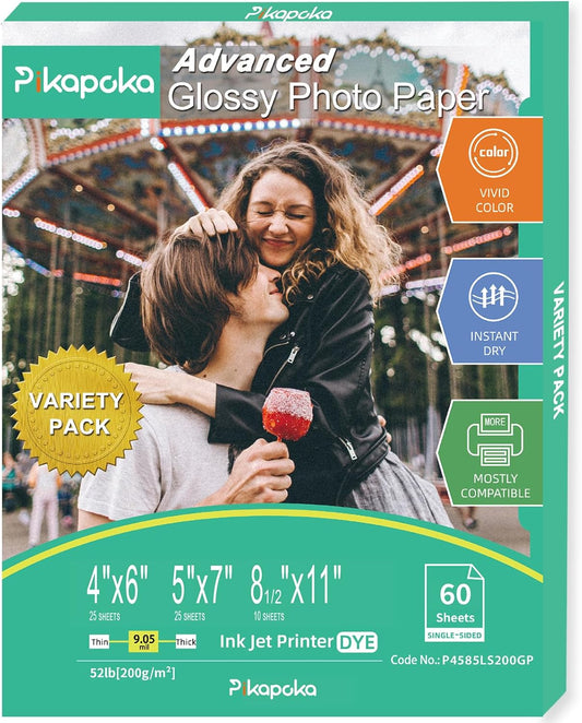 Glossy Photo Paper 4x6, 5x7, 8.5x11, 60 Variety Pack Bulk, Assorted Sizes, Inkjet printer, 52lb/200gsm