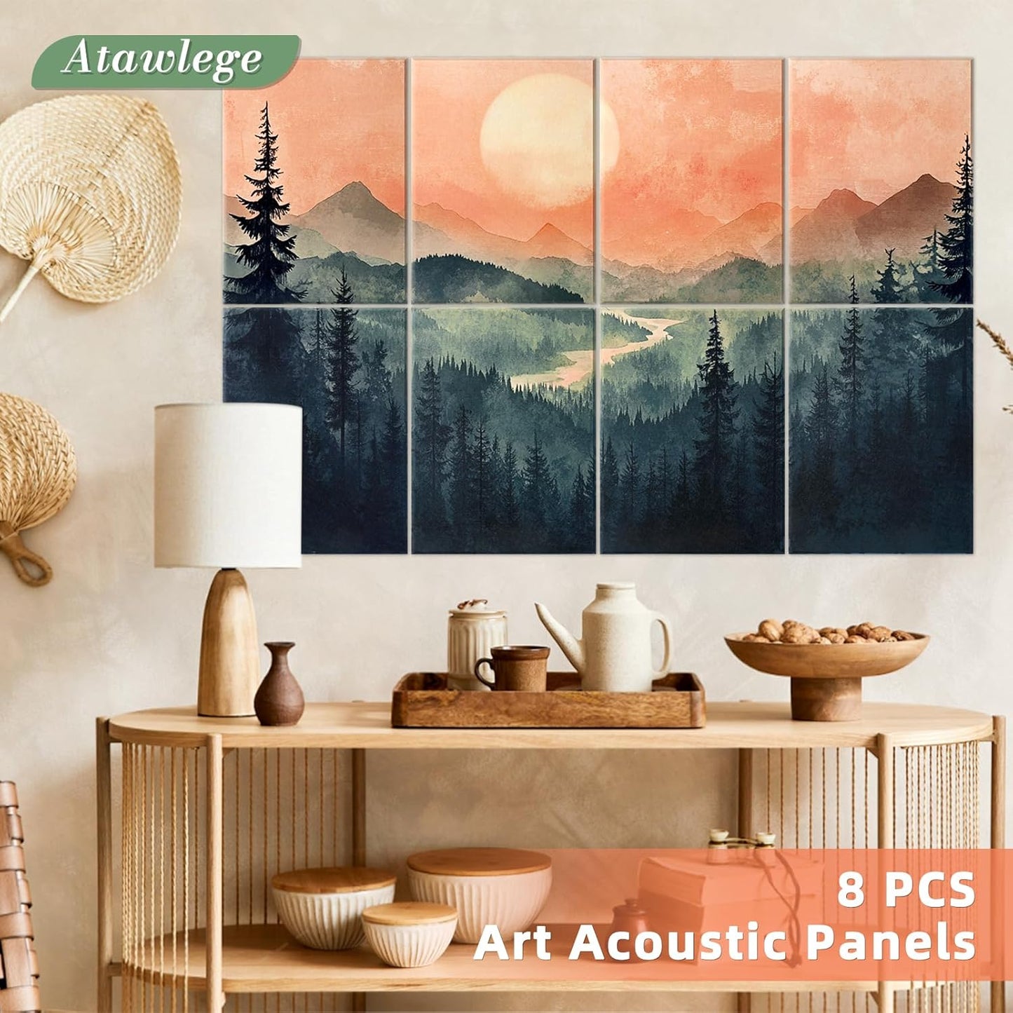 8 Pack 48"x32" Art Acoustic Panels, Self Adhesive Soundproof Wall Decorative Sound Absorbing Panels, High-Density Noise Dampening Canceling Reducing Blocker for Room Office(Setting Sun)