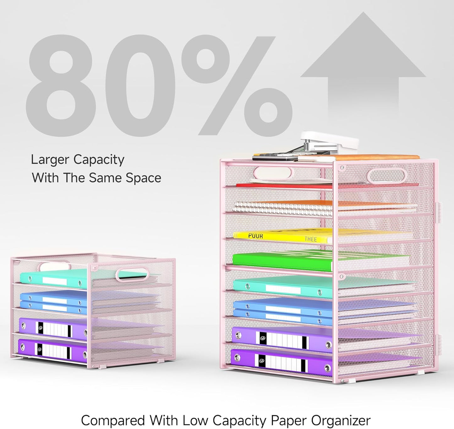 9 Tier Paper Organizer with Handle, Large Capacity Desk Organizer Mesh File Folder Letter Paper Tray Desktop Document Sorter for Classroom, School, and Office Accessories Organization- Pink
