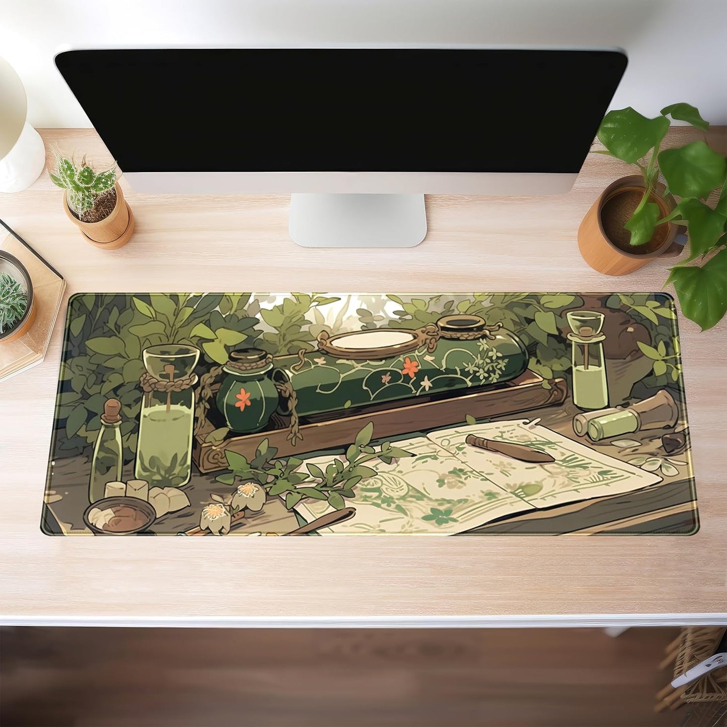 Cute Green Plants Desk Mat Anime Sage Mouse Pad Gaming Desk Pad XL, Kawaii Aesthetic Laptop Computer Keyboard and Mouse Mat, Desktop Decor Accessories Mousepad for Girl Women Office 31.5"x11.8"