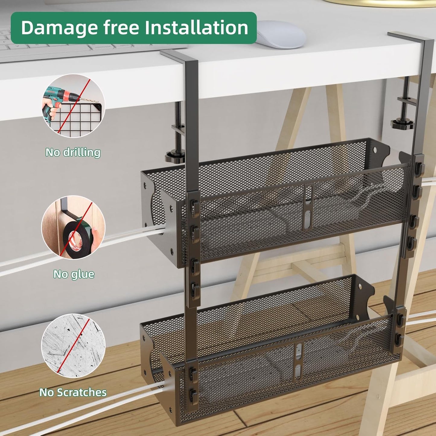 Multi-Model Under Desk Cable Management 2 Pack Metal Under Desk Wire Management Tray Clamp Mount Under Table Cord Management No Damage The Desk